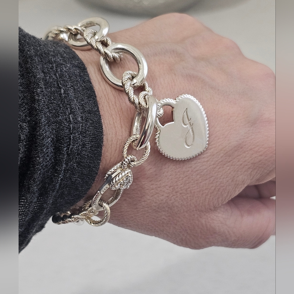 Judith ripka Verona heart charm initial J rolo link bracelet 925 sterling silver